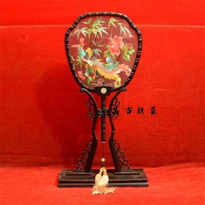 蘇繡藝術精品 雙面繡紫檀宮扇擺件《龍鳳呈祥》